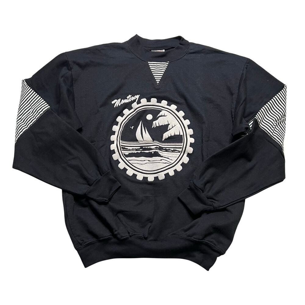 Vintage 80s Monterey Sailing Crewneck Sweatshirt Black Striped‎ Sleeves USA XL